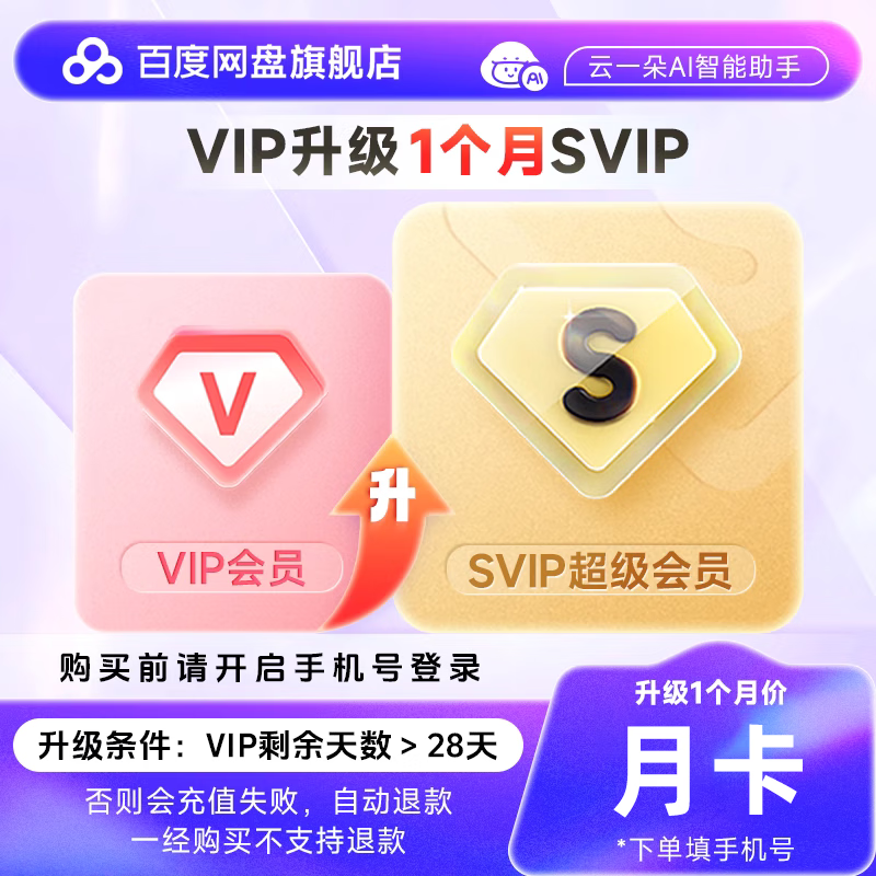 【自动充值】百度网盘VIP升级SVIP会员『1个月』丨禁止拼多多淘宝